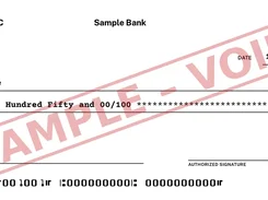 Sample printed check output with payee, amount, memo, MICR line, and void watermark.