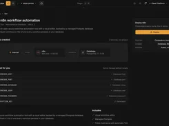 Ownkube n8n workflow automation marketplace detail page showing a deployment button, connected PostgreSQL database diagram, and generated environment variables.