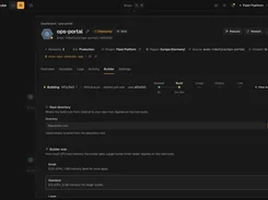 Ownkube deployment dashboard for an ops-portal web service, with build progress, repository root configuration, and builder-size options.