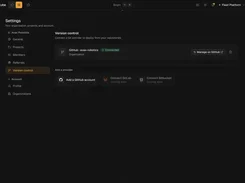 Ownkube Settings page on the Version control section, showing a connected GitHub organization and options to add GitHub, GitLab, or Bitbucket providers.