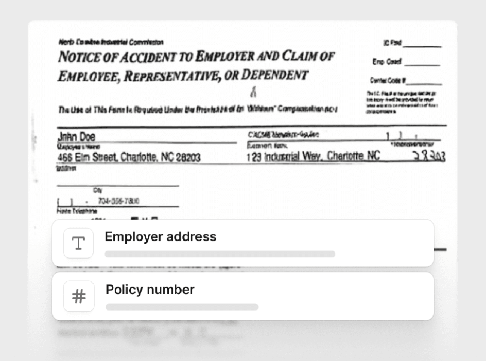 Document-processing interface over a workers’ compensation form, with fields labeled “Employer address” and “Policy number.”