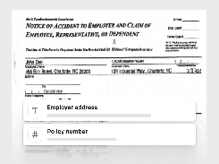 Document-processing interface over a workers’ compensation form, with fields labeled “Employer address” and “Policy number.”