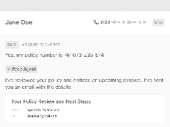 Messaging and email interface showing a conversation with “Jane Doe,” a phone number, policy number, and a Pace Agent response.