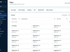 PageControl desktop Pages dashboard showing navigation, page-management tools, filters, search, and a grid of detected website pages.