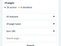 Mobile-style PageControl Pages screen showing page counts, status indicators, filters, a search field, and page cards.