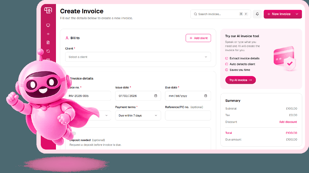 PaidInvoice Create Invoice screen with billing fields, invoice details, an AI invoice tool panel, and a payment summary.