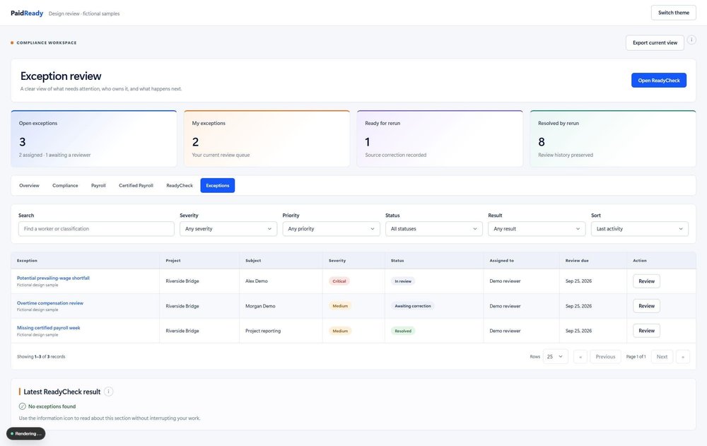 PaidReady Exception review dashboard with exception counts, filters, and a review table.