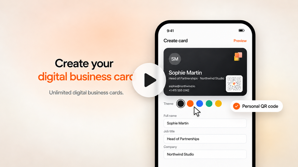 Promotional image showing a mobile interface for creating a digital business card, with theme color options, card preview, form fields, QR code, and a play button overlay.