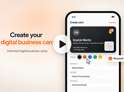 Promotional image showing a mobile interface for creating a digital business card, with theme color options, card preview, form fields, QR code, and a play button overlay.