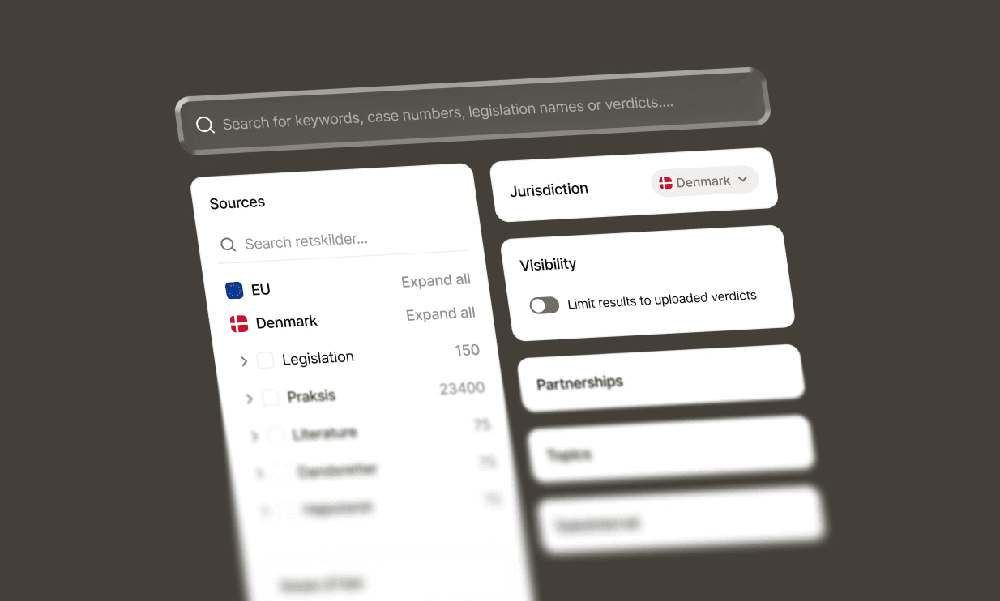 Legal search interface with a keyword search bar, sources panel, Denmark jurisdiction filter, and result visibility toggle.