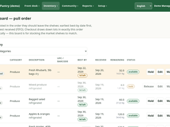PantryPOS FIFO board page showing inventory lots, category filter, best-by dates, remaining quantities, availability statuses, and Hold, Edit, and Waste actions.