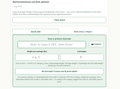 PantryPOS inventory entry form with Quick add and Bulk entry/import tabs, a UPC barcode scan field, camera button, package weight and quantity fields, and label-creation option.