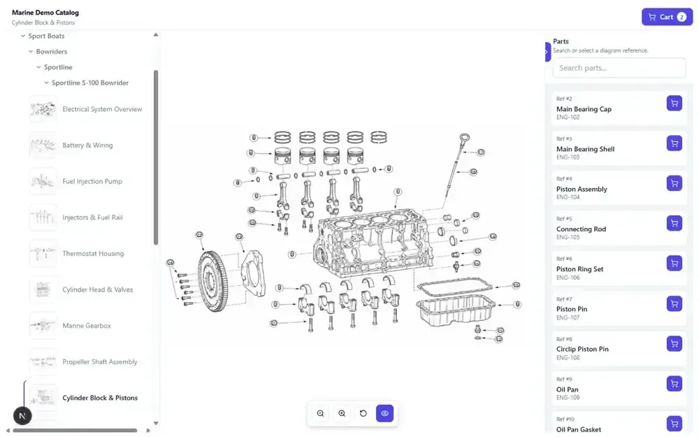 PartGrid parts-catalog interface showing a marine engine exploded-parts diagram, catalog navigation, a searchable parts panel, and cart buttons.