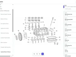 PartGrid parts-catalog interface showing a marine engine exploded-parts diagram, catalog navigation, a searchable parts panel, and cart buttons.
