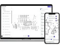 Laptop and phone mockups displaying the PartGrid parts-catalog interface with exploded mechanical diagrams, parts lists, and linked products.