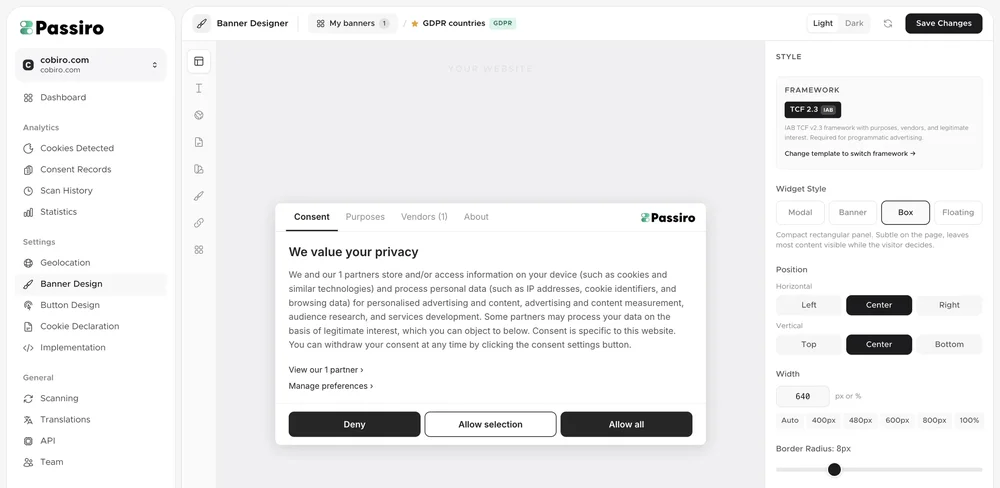 Passiro Banner Designer interface showing a cookie-consent banner preview, navigation sidebar, style controls, and consent action buttons.