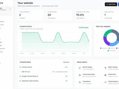 Passiro dashboard for an example website showing cookies detected, consent counts, acceptance rate, pages scanned, consent activity chart, opt-in chart, and quick actions.