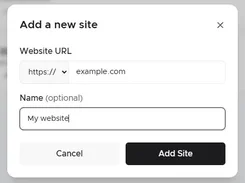 Passiro modal titled Add a new site with website URL and optional name fields, plus Cancel and Add Site buttons.