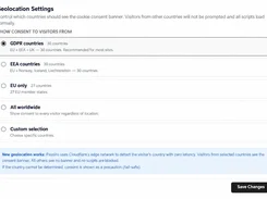 Passiro Geolocation Settings page with radio-button options for GDPR countries, EEA countries, EU only, worldwide, and custom country selection.