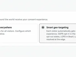 Passiro Consent mode settings with cards for Same banner everywhere and Smart geo-targeting, with Smart geo-targeting selected.
