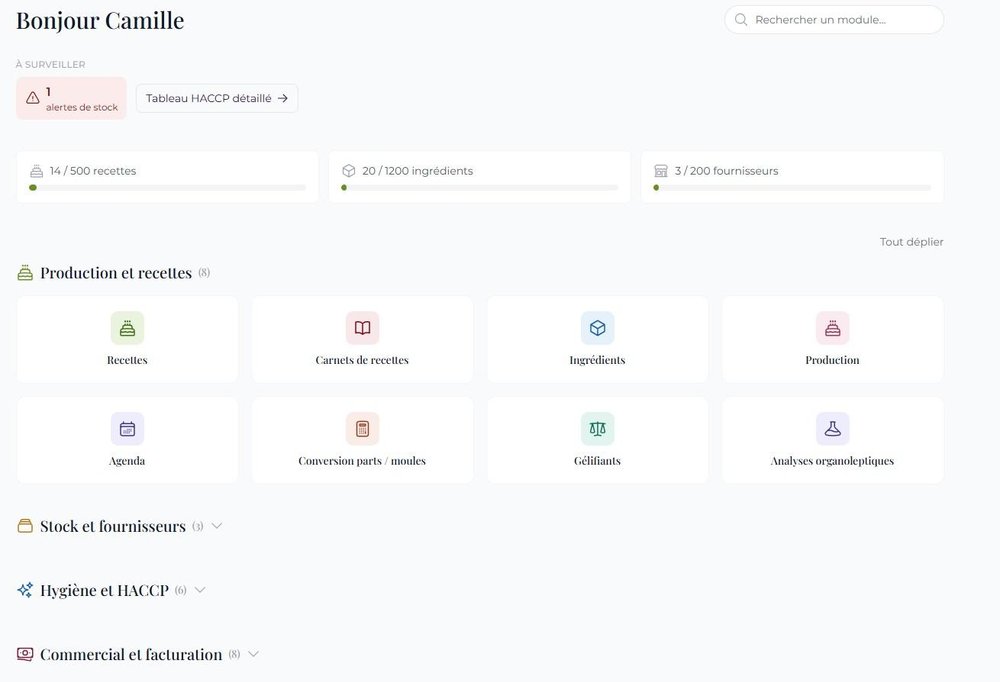 Pastria dashboard for managing bakery and pastry operations, production, costs and daily activity.