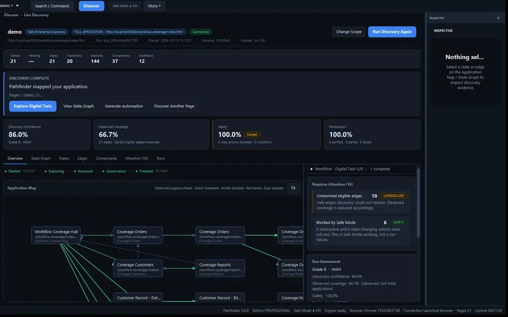 Pathfinder Studio Discover dashboard showing discovery metrics, coverage and safety cards, an application map, and an inspector panel.