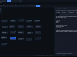 Pathfinder Studio Digital Twin screen showing a grid-based map of application pages with a details inspector for Coverage Search.