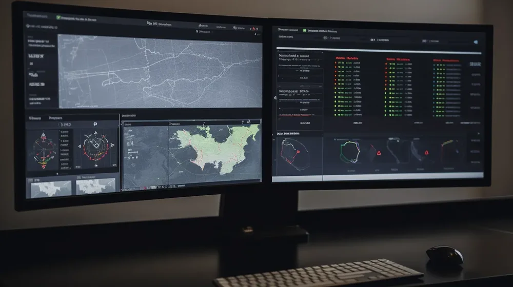 Two desktop monitors display a dark operations dashboard with maps, route-like diagrams, colored status indicators, and tabular lists.