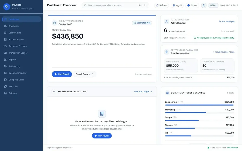 PayCore Salary System dashboard overview showing monthly salary base, employee count, loan recoverables, recent payroll activity, and department gross-salary bars.