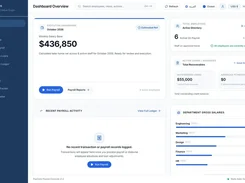 PayCore Salary System dashboard overview showing monthly salary base, employee count, loan recoverables, recent payroll activity, and department gross-salary bars.