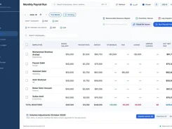 PayCore Monthly Payroll Run screen with a table of employees, salary, incentives, gross pay, overtime or bonus, tax, loans, unpaid leave, and estimated net pay.