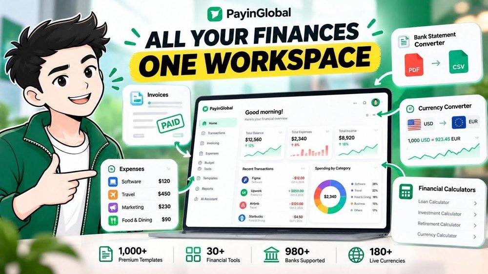 Promotional graphic showing a PayinGlobal financial dashboard on a laptop, surrounded by panels for invoices, expenses, bank-statement conversion, currency conversion, and financial calculators, with an illustrated character.