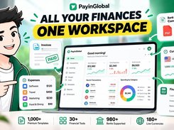 Promotional graphic showing a PayinGlobal financial dashboard on a laptop, surrounded by panels for invoices, expenses, bank-statement conversion, currency conversion, and financial calculators, with an illustrated character.