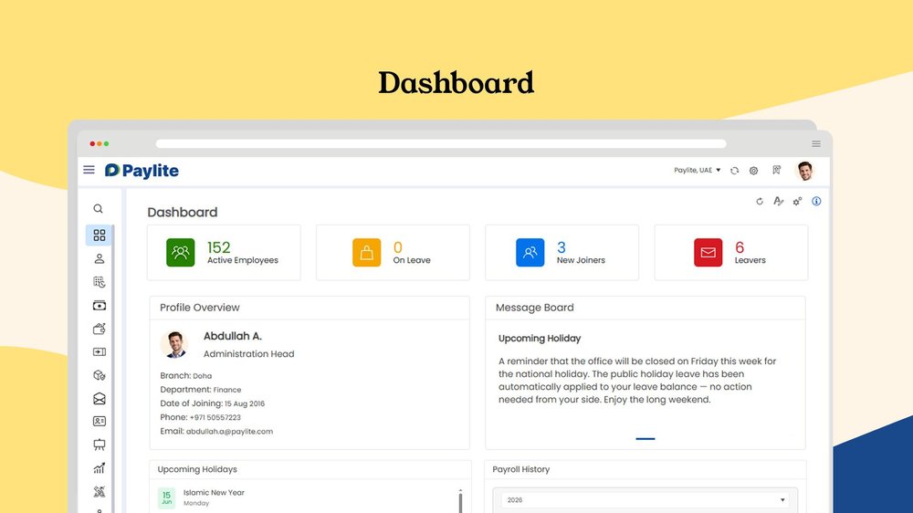 Paylite's Dashboard puts your entire workforce at a glance — headcount, leave, joiners, and leavers, plus payroll history and announcements in one view.