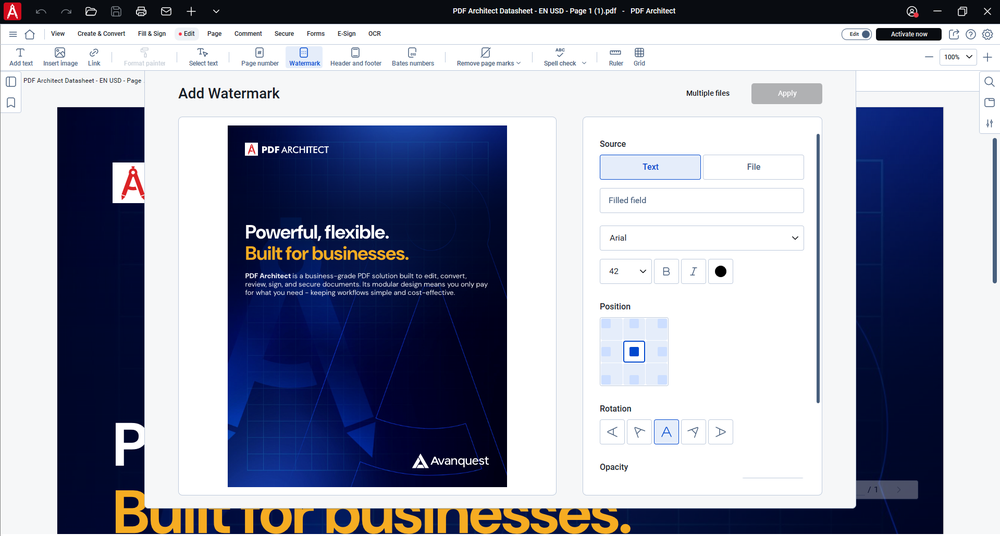 Protect, brand, and personalize your PDFs with customizable watermarks.