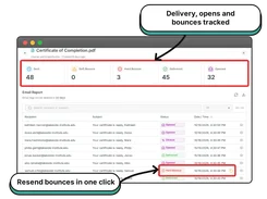 Each document emailed as a personalized attachment, with delivery, open and bounce tracking. Resend bounced emails in one click.