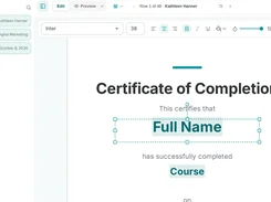 Place spreadsheet columns on your template, like this certificate. Each highlighted field fills from a column, one document per row.