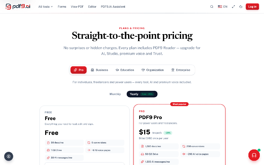 Plans & Pricing Page — Pro, Business, Education, Enterprise