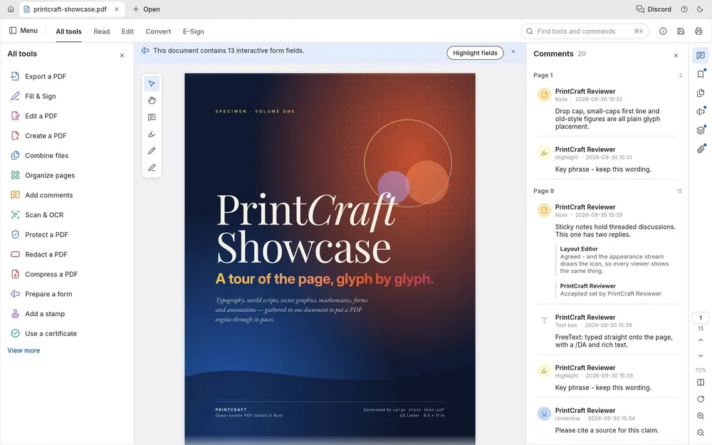 PdfCraft window displaying the cover of a PrintCraft Showcase PDF with tools on the left and document comments on the right.