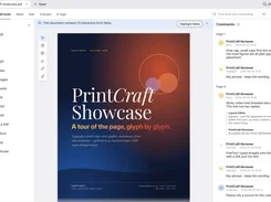 PdfCraft window displaying the cover of a PrintCraft Showcase PDF with tools on the left and document comments on the right.