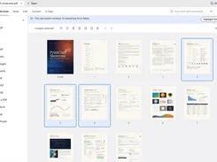 PdfCraft interface in an organize-pages view with a grid of PDF page thumbnails and several selected pages.