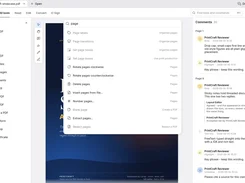 PdfCraft PDF viewer with a command search panel listing page actions including rotate, delete, insert, number, and extract pages.