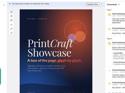PdfCraft PDF viewer interface showing a PrintCraft Showcase document, a tools sidebar, annotation controls, and a comments panel.