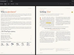 PdfCraft in dark mode displaying two pages of a typography-focused PDF spread side by side.