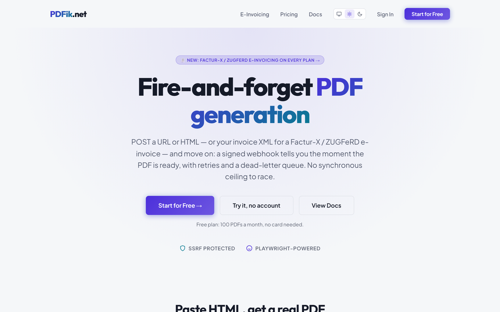 Fire-and-forget PDF generation: submit a URL or HTML, get a signed webhook when the PDF is ready