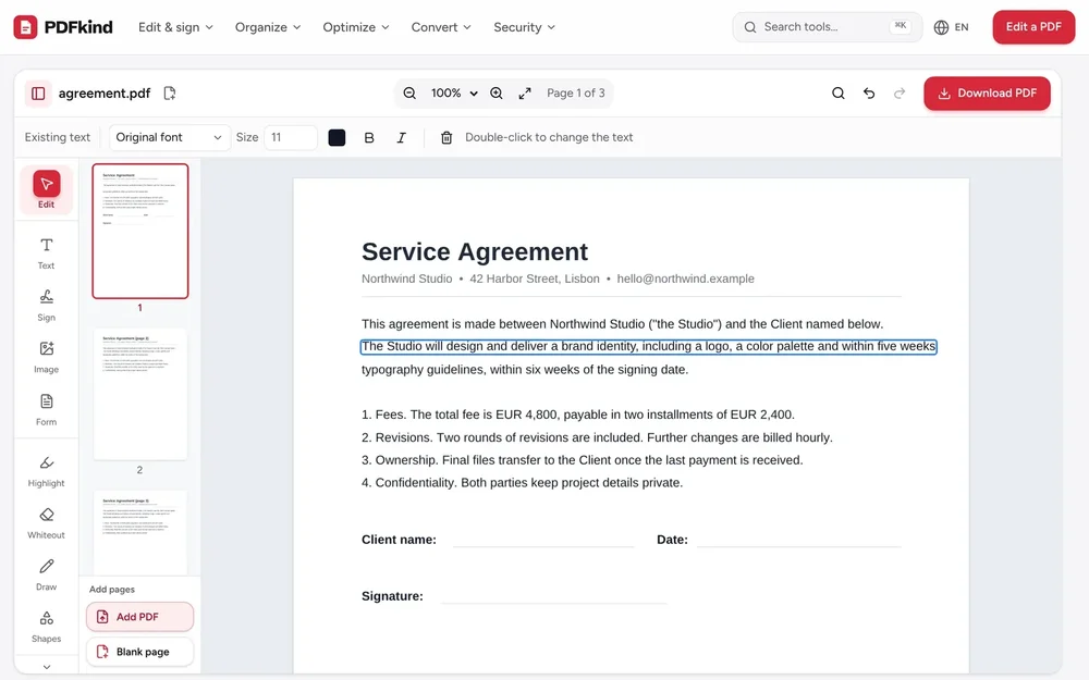 PDFkind editing workspace with the site navigation visible and a service agreement containing selected editable text.