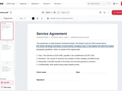 PDFkind editing workspace with the site navigation visible and a service agreement containing selected editable text.