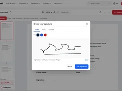 PDFkind editing workspace with a Create your signature modal, ink color choices, a drawn signature, and a Use signature button.