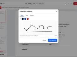 PDFkind editor with a Create your signature dialog open, showing Draw, Type, and Upload tabs and a drawn signature canvas.