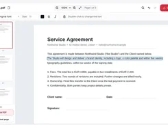 PDFkind editor showing a three-page service agreement with editable text selected, page thumbnails, editing tools, and a Download PDF button.
